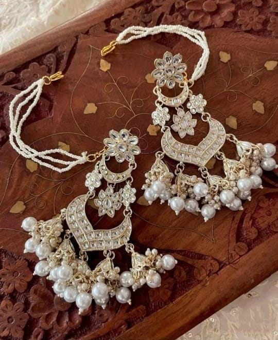 Ethnic White Kundan & Pearl Earrings with Hair Chain For Woman